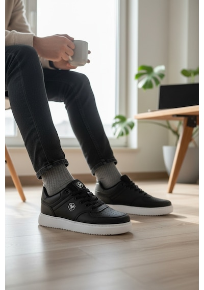 Enoch Suni Deri Beyaz Düz Tabanlı Erkek Casual Sneaker Ayakkabı Siyah - Beyaz