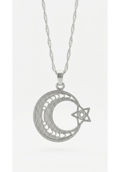 925 Ayar Geleneksel Telkari El İşçiliği Ay Yıldız Gümüş Kolye 22x25mm Rzn10408