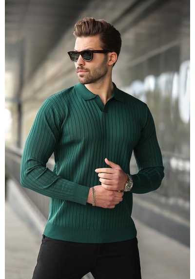 Madmext Yeşil Polo Yaka Çizgili Uzun Kollu Kazak 7239 Yeşil