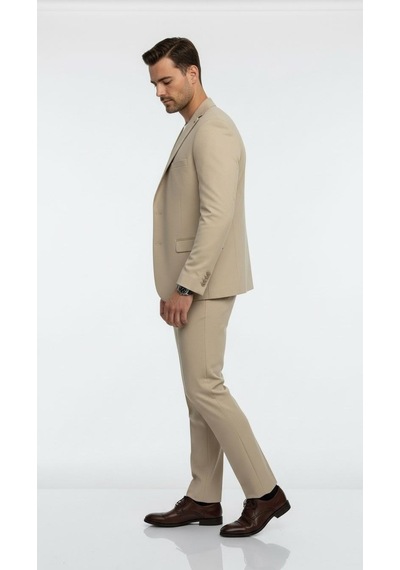 Erkek Slim Fit Mikro Dokulu Takım Elbise Çift Düğmeli Modern Kesim Bej