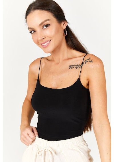 Armonika Kadın Siyah İp Askılı Astarlı Crop Bluz Arm-22y055003