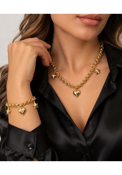 14 Ayar Altın Kalp Yıldızlı Güverse Model Gerdanlık Ve Bileklik Set
