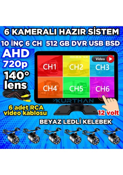 10 İnç 6 Ch 512 Gb Dokunmatik Usb Bsd Dvr Ekran Ahd 720p Rca Beyaz Ledli Kelebek Kamera 12 Volt