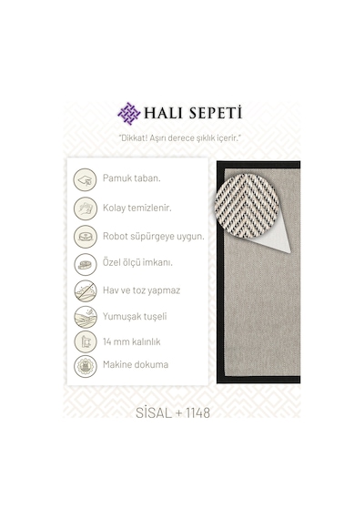 Halı Sepeti Sisal Plus 1147 Siyah - Bej Robot Süpürgeye Uygun Mutfak Halısı Siyah - Bej