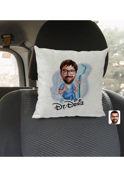 Bk Gift Kişiye Özel İsimli Erkek Diş Hekimi Karikatürlü Kare Araç Koltuk Yastığı-2 Çok Renkli