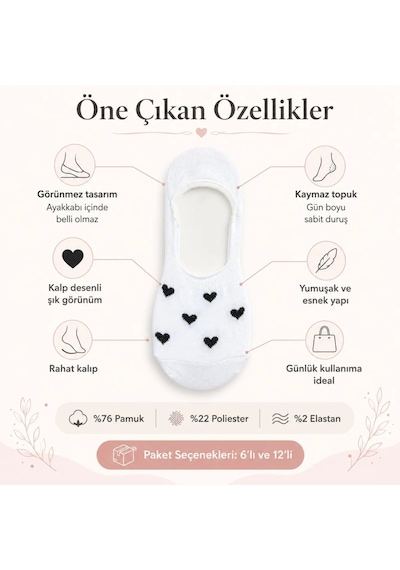 DS Wak Kadın Kalp Desenli Görünmez Babet Çorap 12'li Pamuklu Kaymaz Topuk, Siyah Beyaz Karışık