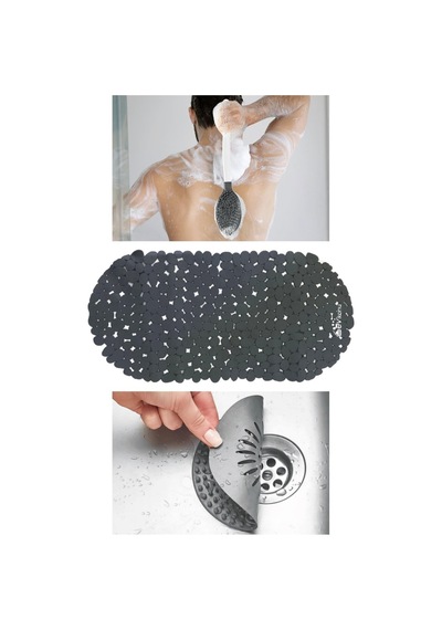 3 Parça Antrasit Banyo Çeyizlik Seti Vantuzlu Paspas - Lavabo Tıkacı - Masajlı Vücut Fırçası Antrasit