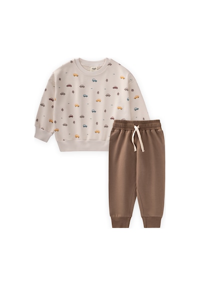 Cigit Araba Baskılı Sweatshirt Takım 1-5 Yaş Bej Bej