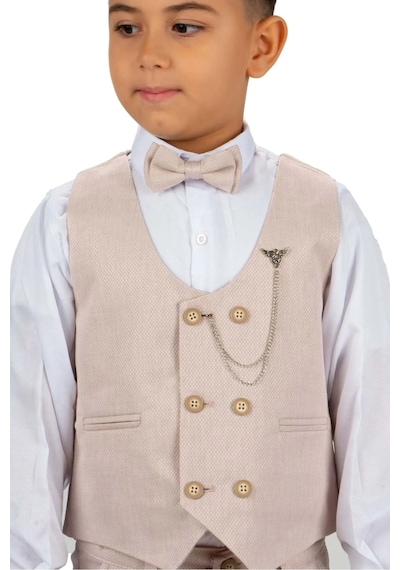 Mnk Baby & Kids Erkek Çocuk 6 Düğme Yelekli Özel Gün Takım Elbise M00834 Bej