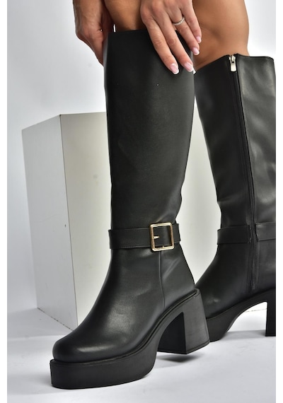 Fox Shoes V726454109 Siyah Kalın Topuklu Klasik Kadın Çizme Siyah-Suni Deri
