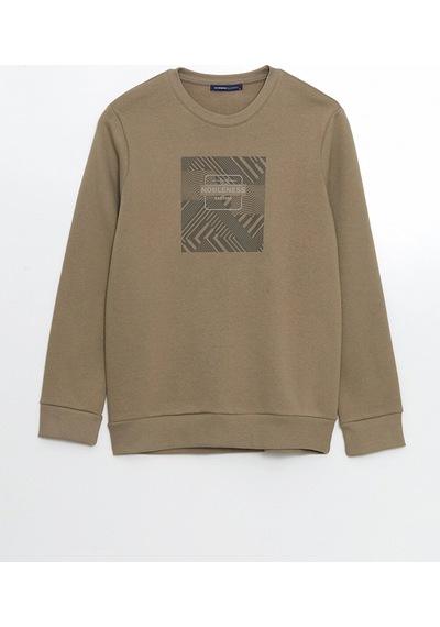 LC Waikiki Lcwaıkıkı Classic Kahverengi Bisiklet Yaka Baskılı Erkek Kalın Sweatshirt Açıkkahverengi