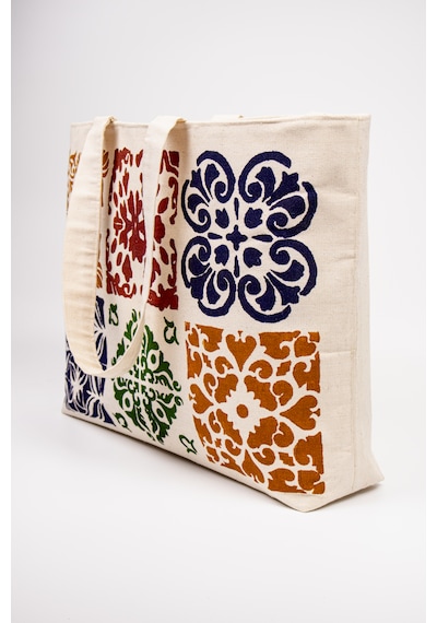 Fabric Craft Bag Kanvas Plaj Çantası Büyük Boy Astarlı Desenli Omuz Çantası Küçük Çantalı 50x35 Krem