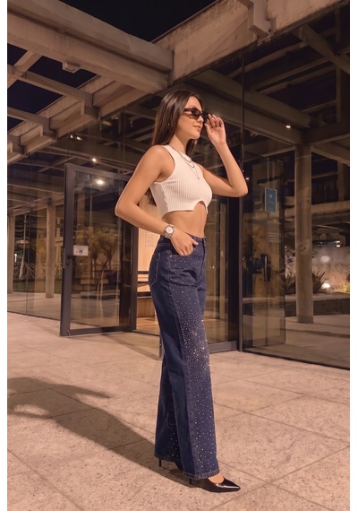Kadın Koyu Mavi Önü Full Taşlı Likralı Yüksek Bel Wide Leg Geniş Paça Jean Kot Pantolon Kadın Koyu Mavi Önü Full Taşlı Likralı Yüksek Bel Wide Leg Geniş Paça Jean Kot Pantolon