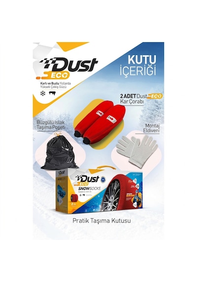 Dust Eco Kar Çorabı Pratik Montajlı Tekstil Kar Zinciri & Patinaj Önleyici Lastik Çorabı Seti