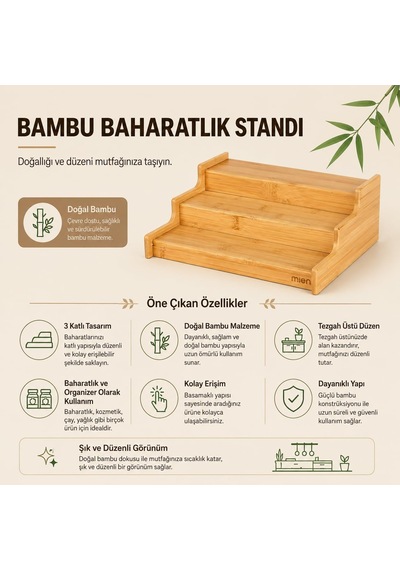 Bambu 3 Katlı Baharatlık Standı, Tezgah Üstü Mutfak Organizeri Çok Renkli