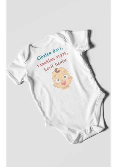 Gözler Dayı Yanaklar Teyze,keyif Benim Baskılı Bebek Zıbını Çıtçıtlı Body %100 Pamuk Kısa Kol Beyaz