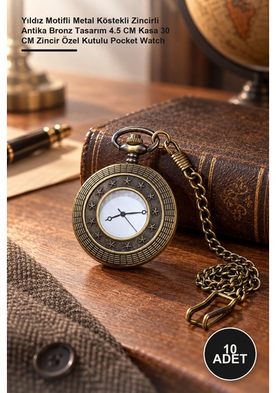 10 Adet Cep Saati Yıldız Motifli Metal Köstekli Zincirli Antika Bronz Tasarım 4.5 Cm Kasa 30 Cm Zincir Özel Kutulu Pocket Watch