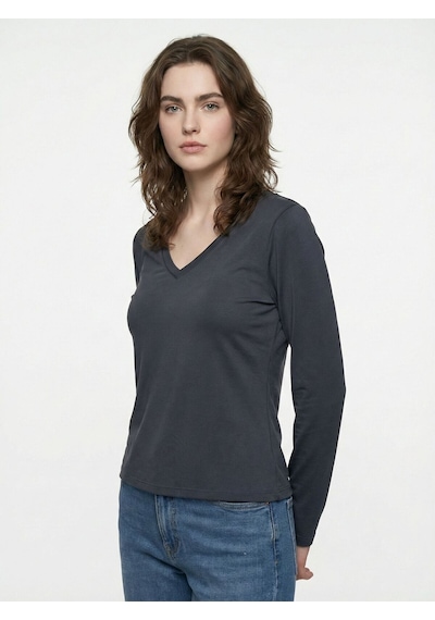 Slim Crop Fit Kadın Tshirt U.kol Antrasit