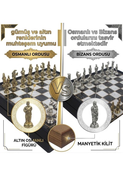 Kişiye Özel Osmanlı Bizans Temalı Lüks Metal Satranç Takımı 20cm Sandıklı Mermer Desenli Premium Set