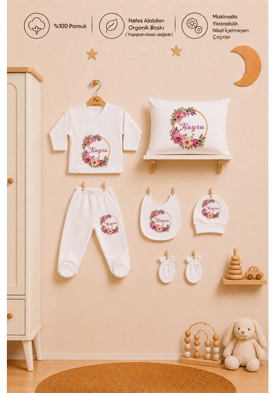 Pia Baby Kişiye Özel Kız Bebek Zıbın Seti 6 Parça %100 Pamuk Hastane Çıkışı Yastık Kılıfı 1072yz3x Ekru