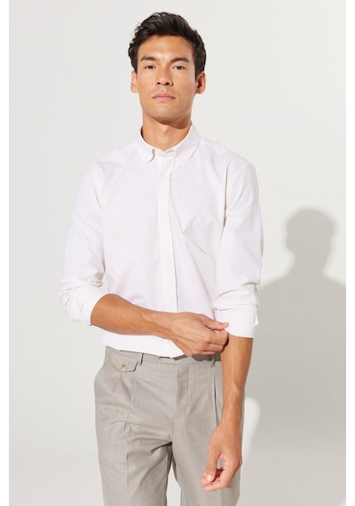 AC&Co / Altınyıldız Classics Erkek Bej Slim Fit Dar Kewsim Düğmeli Yaka %100 Pamuk Armürlü Gömlek Bej