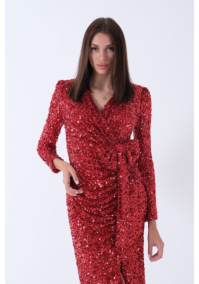 Feminist Kırmızı Beli Fiyonk Detaylı Pul Payetli Midi Boy Abiye 9705833