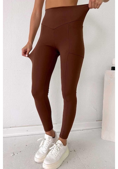 Mine Tan Butik Yanı Cepli Toparlayıcı Yüksek Bel Likralı Spor Tayt - Koyu Kahve Kahverengi Mine Tan Butik Yanı Cepli Toparlayıcı Yüksek Bel Likralı Spor Tayt - Koyu Kahve Kahverengi