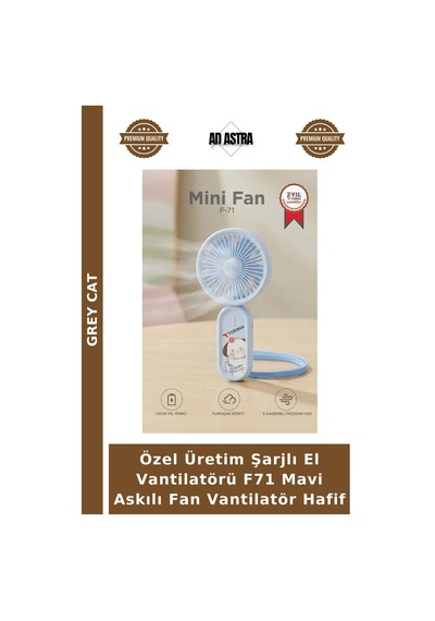 Özel Üretim Şarjlı El Vantilatörü F71 Mavi Askılı Fan Vantilatör Hafif