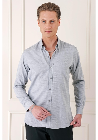 Efor Slim Fit Düğmeli Yaka Dokulu %100 Pamuk Klasik Açık Gri Gömlek Gk 724 Gri