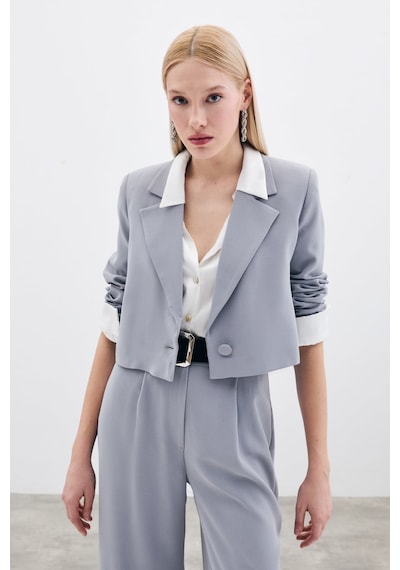 Sateen Kısa Krep Ceket - Gri-135614 Gri