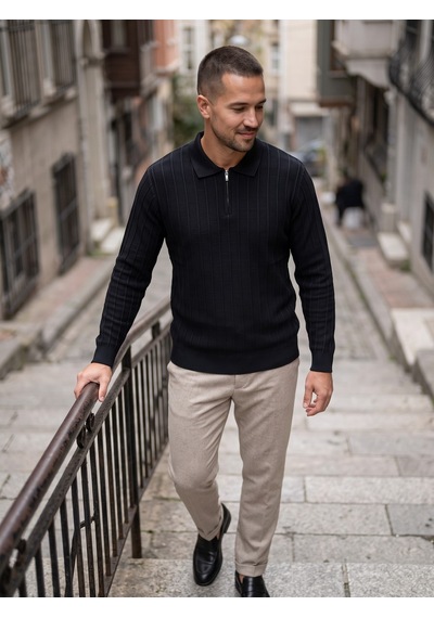 Maccali Erkek Siyah Fitil Detaylı Fermuarlı Polo Yaka Triko Sweatshirt