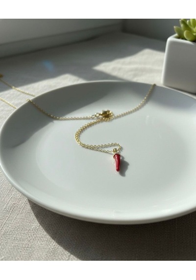 Kırmızı Çelik Biber Şans Kolyesi Unisex Altın Renk Zincir Altın