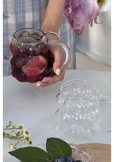 2li Boncuklu Cam Bardak Üzüm Tanesi Şeklinde Saplı 350 Ml. Meşrubat Su Kahve Sunum Bardağı Seti