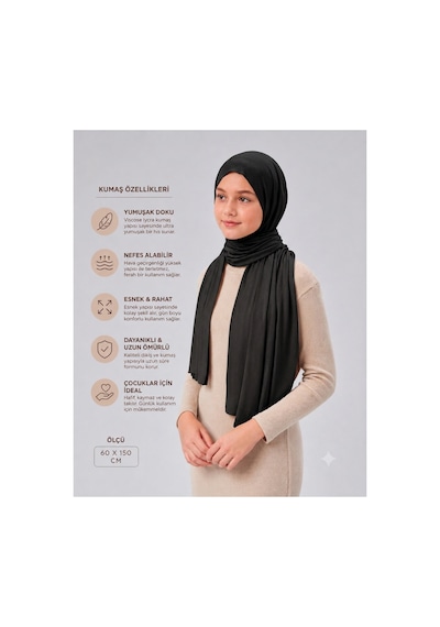 Sonbaharmoda Kız Çocuk Penye Şal, Viskon Likralı, 60x150 Cm, 10-12 Yaş, Tesettür Şal. Siyah