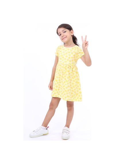 Toontoy Kız Çocuk Bel Kurdela Detaylı Komple Baskılı Elbise Açık Sarı