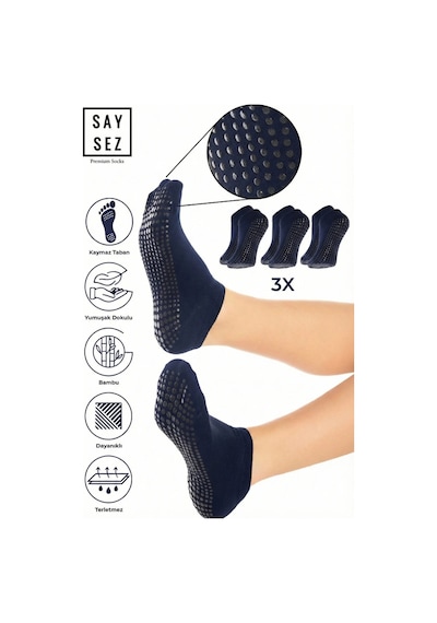 Saysez Bambu Kadın Kaydırmaz Taban Lacivert Silikon Baskı Pilates Yoga Fitness Dans Aktivite Patik Çorabı Lacivert