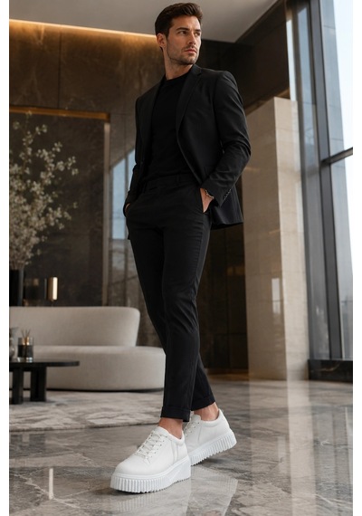 Mevese Dlob Erkek Bağcıklı Cilt Günlük Casual Spor Sneaker Ayakkabı - Beyaz