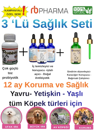 Köpek Sağlık Seti 3'lü - Güçlü Toz Probiyotik, Doğal Iştah Açıcı Ve Sindirim Düzenleyici Bağışıklık Damlası