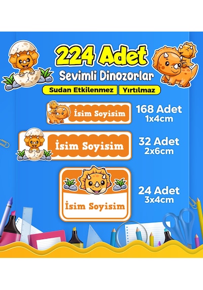 Dinozor Temalı Okul Kreş Kişiye Özel İsim Etiket Seti - Model 460 Çok Renkli