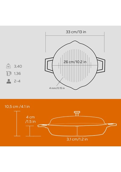 Lava Döküm Yuvarlak Izgara Tavası Cam Kapaklı Döküm Demir Yekpare Çift Kulplu Çap Ø 26cm.