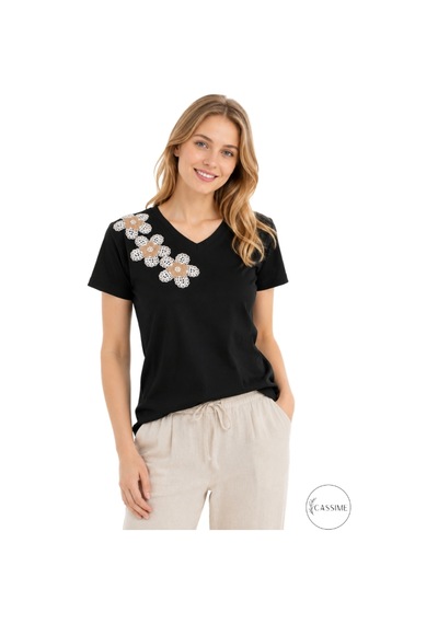 Cassime Kadın Siyah %100 Pamuk Regular/normal Kalıp Çiçek Nakışlı Örme T-shirt