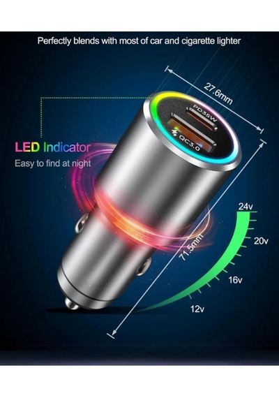 53w Type-c Usb Hızlı Şarj Pd Fast Rgb Araç Şarj Kiti Iron Zinc Araç İçi Şarj Aleti Çakmaklık