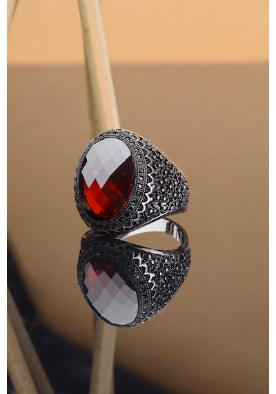 Kırmızı Zirkon Oval Taşlı 925 Ayar Gümüş Erkek Yüzük Gümüş