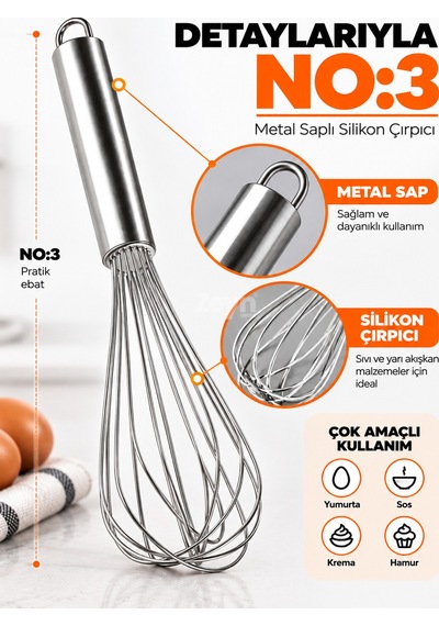 Metal Saplı Silikon Çırpıcı No:3 Yumurta Çırpıcı Ve Hamur Karıştırıcı Mutfak Gereci
