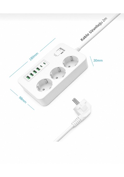 Akım Korumalı 3 Lü Priz 2 Usb-c + 4 Usb-a Hızlı Şarj, 2m Kablo, Çocuk Korumalı Çoklu Priz 0 - 2 M