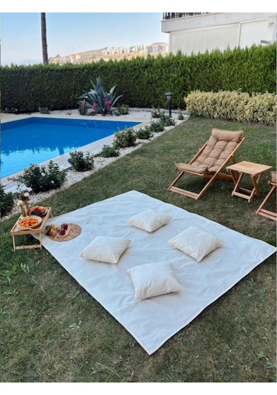 Pamuk Ham Keten Yer Masa Piknik Örtüsü Sofra Bezi 160 X 200 , 4 Minder 40 X 40 Set Bej