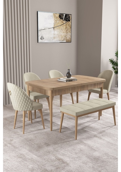 Milas Meşe Desen 80x132 Mdf Açılabilir Mutfak Masası Takımı 4 Sandalye, 1 Bench Krem Milas Meşe Desen 80x132 Mdf Açılabilir Mutfak Masası Takımı 4 Sandalye, 1 Bench Krem