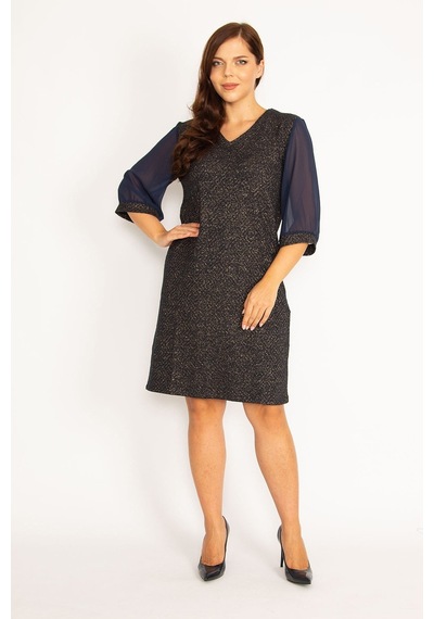 Şans Kadın Gri Sim Detaylı Kolları Şifon Elbise 65n34746-lacivert Lacivert