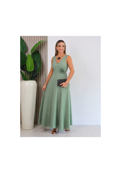 Butik İstanbul Kadın Askılı Derin V Yakalı Yırtmaçlı Uzun Elbise Yeşil
