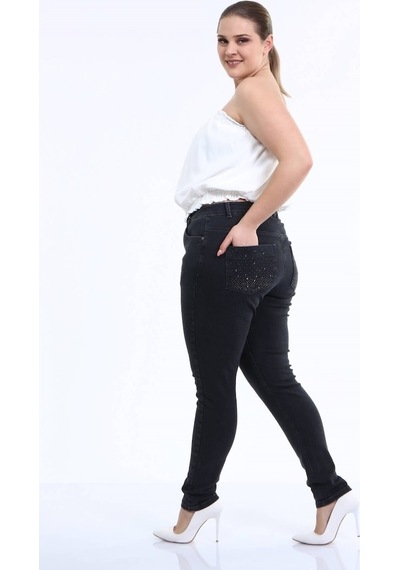 Myline Kadın Arka Cep Taş Baskı Denim Pantolon
